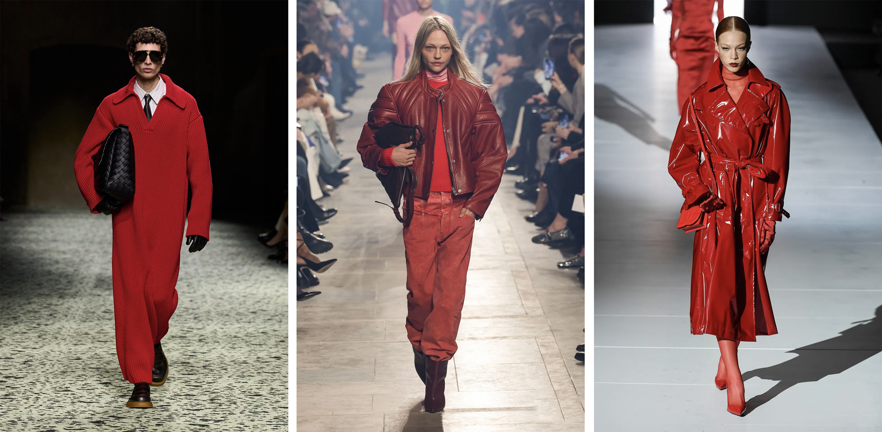FW23's most popular catwalk pieces. From left to right, a look by Matthieu Blazy for Bottega Veneta from Milan Fashion Week, an Isabel Marant outfit presented in Paris and a Dolce&Gabbana piece on the runway in Milan